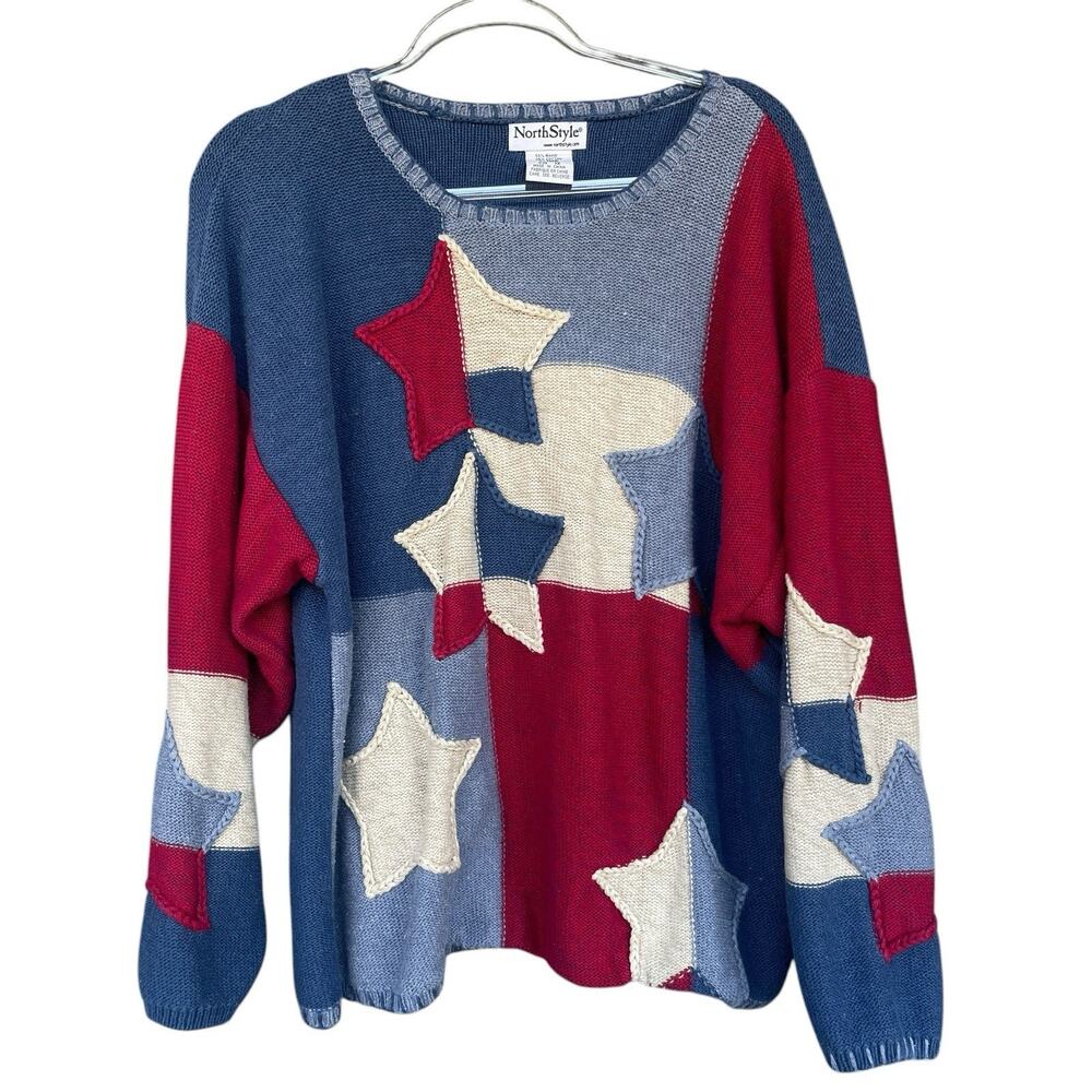 Vintage NorthStyle Womens Star Sweater Plus Size 1X Patriotic July 4th Americana